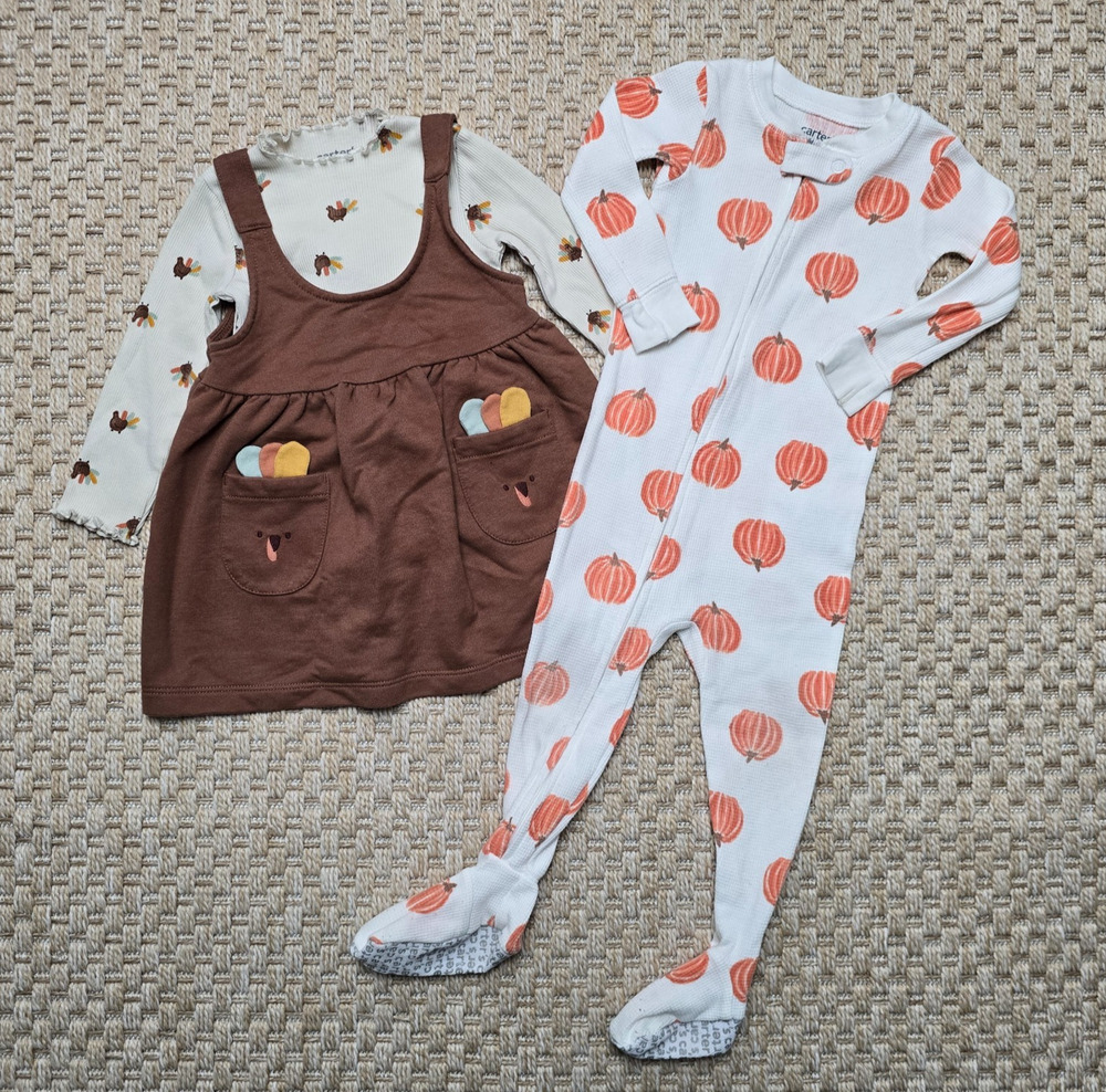 Carters 12M Baby Girl Fall Bundle Turkey Thanksgiving Dress Pumpkin Sleeper